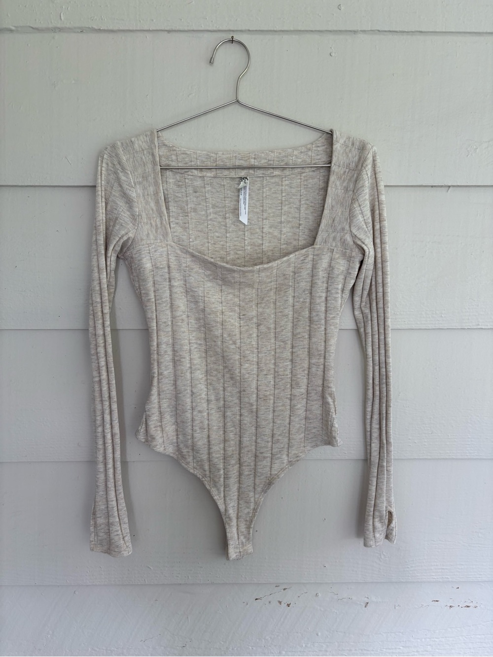 Free People Ribbed Bodysuit Oatmeal Square Neck Long Sleeve Balletcore Boho S
